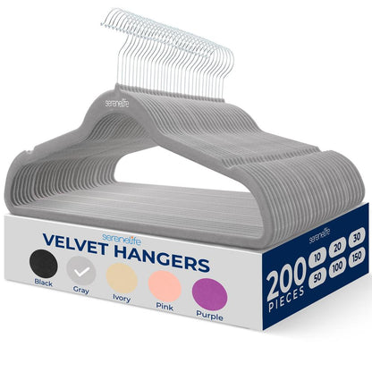 200-Pack Velvet Hangers - Space-Saving Non-Slip with Swivel Hooks, Gray