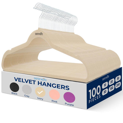 100-Pack Velvet Non-Slip Hangers, Space-Saving, 360° Swivel, Ivory