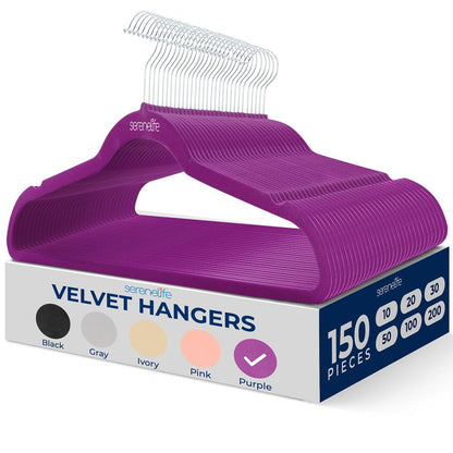 Velvet Hangers 150 Pack - Non-Slip, Space-Saving, 360° Swivel, Purple