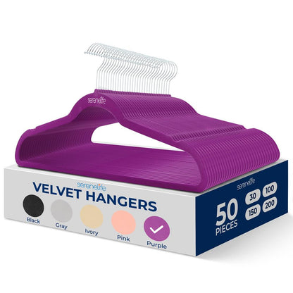 50 Pack Velvet Hangers - Non-Slip, Space-Saving, 360° Swivel Hook, Purple