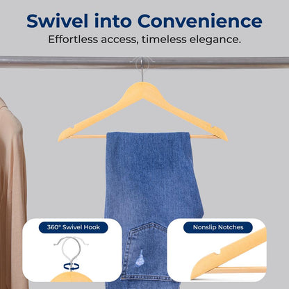 10-Pack Wooden Coat Hangers - Durable, Space-Saving, 360¬∞ Swivel Hook Natural