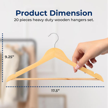 Wooden Coat Hangers 20 Pack, Durable 360¬∞ Swivel Hook, Natural Wood