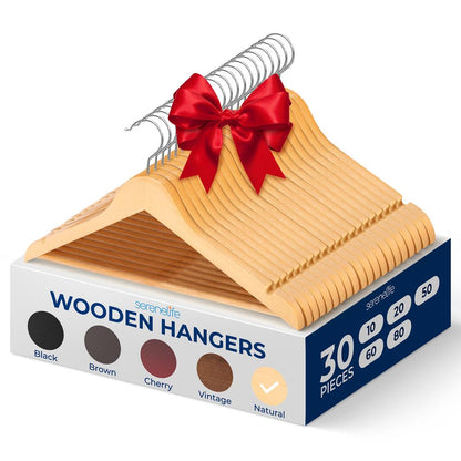 30-Pack Heavy Duty Wooden Hangers - 360¬∞ Swivel Hook, Natural Finish