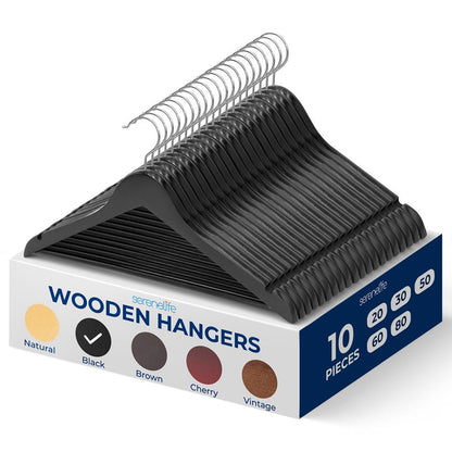 10-Pack Wooden Coat Hangers - Durable, Space-Saving, 360° Swivel Hook