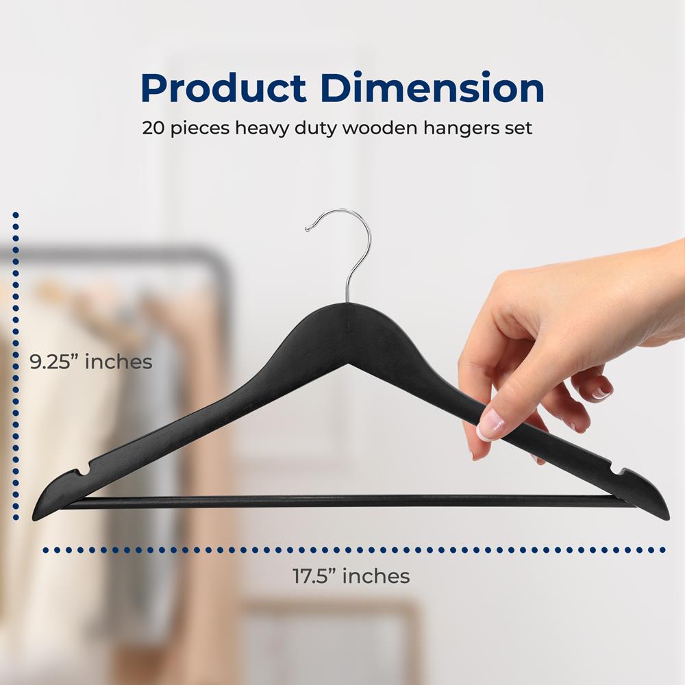 20-Pack Wooden Hangers, Heavy-Duty, 360° Swivel Hook, Black - Thumbnail 5