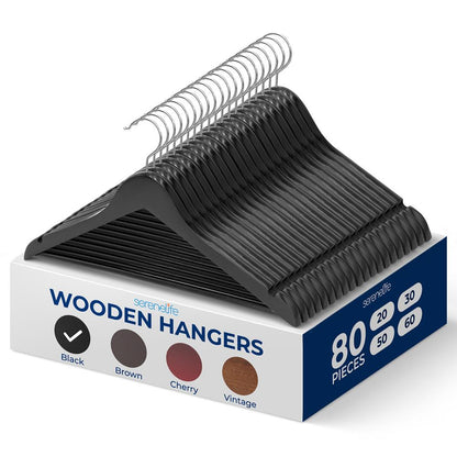 80 Pack Wooden Coat Hangers - Durable, Space-Saving, 360° Swivel Hook