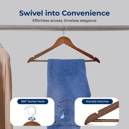 Wooden Coat Hangers 80-Pack, Durable 360° Swivel Hook, Natural Wood