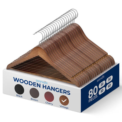 Wooden Coat Hangers 80-Pack, Durable 360° Swivel Hook, Natural Wood