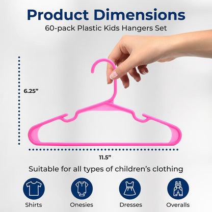 60-Pack Non-Slip Kids Hangers, Space-Saving, Durable Plastic, Pink