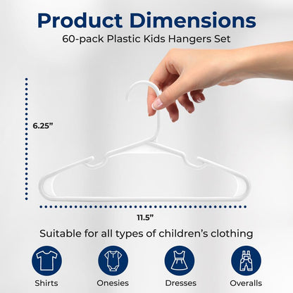 Plastic Kids Hangers 60-Pack Non-Slip Space-Saving Design White