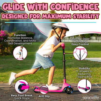 3-Wheel Kids Scooter, Foldable, LED Wheels, Adjustable Handlebar, Pink