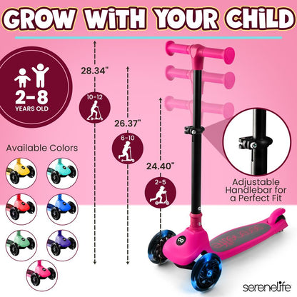 3-Wheel Kids Scooter, Foldable, LED Wheels, Adjustable Handlebar, Pink