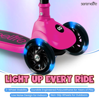 3-Wheel Kids Scooter, Foldable, LED Wheels, Adjustable Handlebar, Pink
