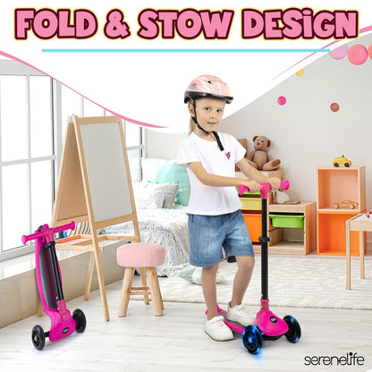 3-Wheel Kids Scooter, Foldable, LED Wheels, Adjustable Handlebar, Pink
