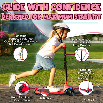 3-Wheel Kids Scooter, Foldable, LED Wheels, Adjustable Handlebar, Red