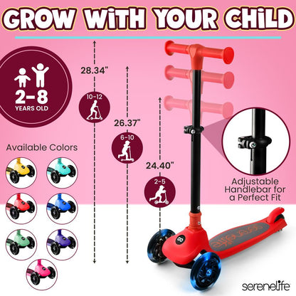 3-Wheel Kids Scooter, Foldable, LED Wheels, Adjustable Handlebar, Red