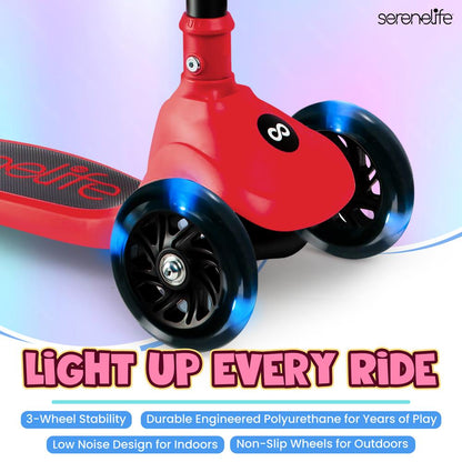 3-Wheel Kids Scooter, Foldable, LED Wheels, Adjustable Handlebar, Red