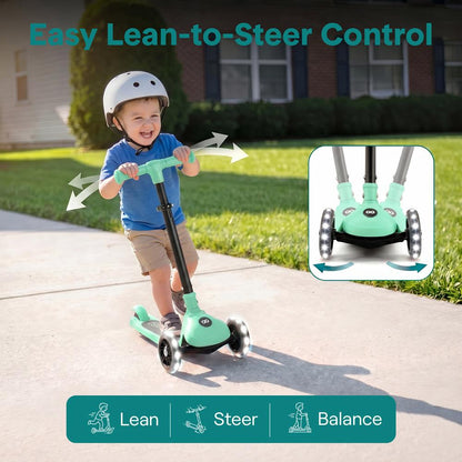 3-Wheel Foldable Kids Scooter - Child Toy Scooter With Built-In Led Wheel Lights, And Easy Maneuvering Lean-To-Steer Technology (Mint Green)