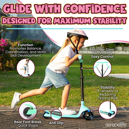 3-Wheel Kids Scooter, Foldable, LED Wheels, Lean-to-Steer, Mint Green