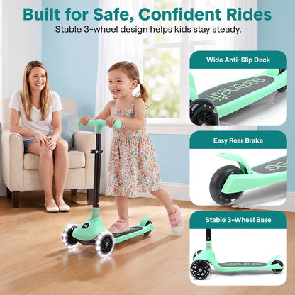 3-Wheel Foldable Kids Scooter - Child Toy Scooter With Built-In Led Wheel Lights, And Easy Maneuvering Lean-To-Steer Technology (Mint Green)