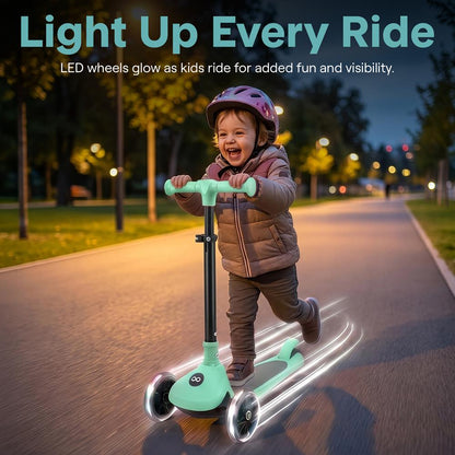 3-Wheel Foldable Kids Scooter - Child Toy Scooter With Built-In Led Wheel Lights, And Easy Maneuvering Lean-To-Steer Technology (Mint Green)