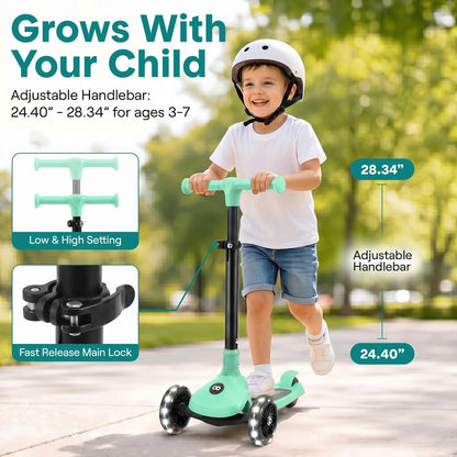 3-Wheel Foldable Kids Scooter - Child Toy Scooter With Built-In Led Wheel Lights, And Easy Maneuvering Lean-To-Steer Technology (Mint Green)