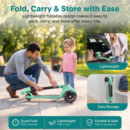 3-Wheel Foldable Kids Scooter - Child Toy Scooter With Built-In Led Wheel Lights, And Easy Maneuvering Lean-To-Steer Technology (Mint Green)