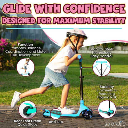 3-Wheel Kids Scooter, LED Wheels, Foldable Seat, Adjustable Handlebar, Blue