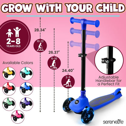 Kids Kick Scooter with LED Wheels, Lean-to-Steer, Adjustable Handlebar, Blue