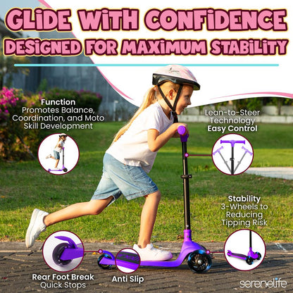 3-Wheel Kids Scooter, Foldable, LED Wheels, Lean-to-Steer, Purple