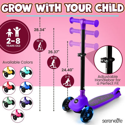 3-Wheel Kids Scooter, Foldable, LED Wheels, Lean-to-Steer, Purple