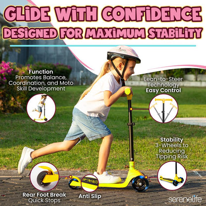 3-Wheel Kids Scooter, Foldable, LED Wheels, Lean-to-Steer, Yellow