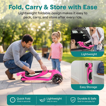 3-Wheel Kids Scooter, Foldable Seat, LED Wheels, Adjustable Handlebar, Pink
