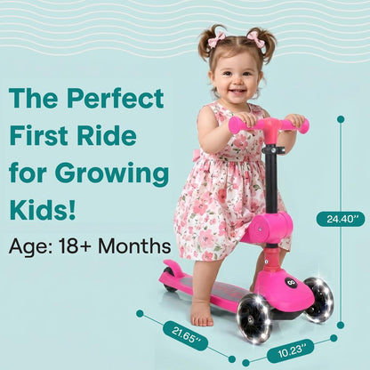 3-Wheel Kids Scooter, Foldable Seat, LED Wheels, Adjustable Handlebar, Pink