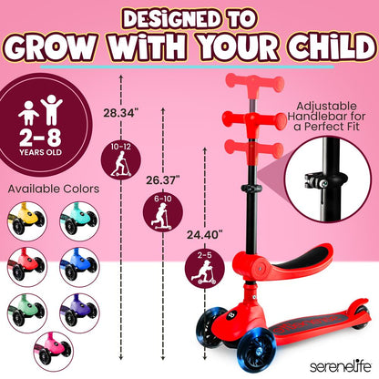 3-Wheel Kids Scooter, Foldable Seat, LED Wheels, Adjustable Handlebar, Red