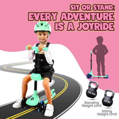 3-Wheel Kids Scooter, Foldable Seat, LED Wheels, Adjustable Handlebar, Mint Green