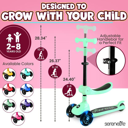 3-Wheel Kids Scooter, Foldable Seat, LED Wheels, Adjustable Handlebar, Mint Green