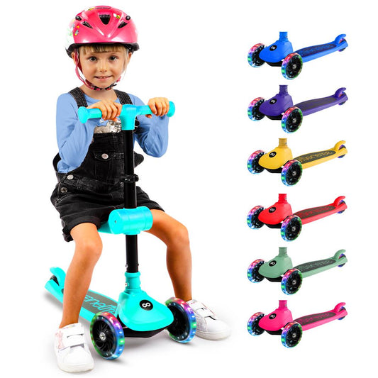 3-Wheel Kids Scooter, Foldable Seat, LED Wheels, Adjustable Handlebar, Turquoise Blue