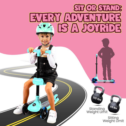 3-Wheel Kids Scooter, Foldable Seat, LED Wheels, Adjustable Handlebar, Turquoise Blue