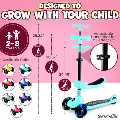3-Wheel Kids Scooter, Foldable Seat, LED Wheels, Adjustable Handlebar, Turquoise Blue