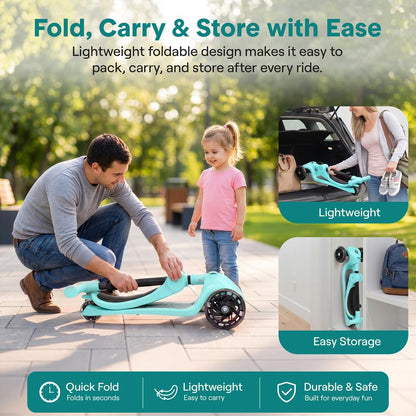 3-Wheel Kids Scooter, Foldable Seat, LED Wheels, Adjustable Handlebar, Turquoise Blue