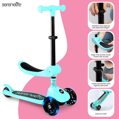 3-Wheel Kids Scooter, Foldable Seat, LED Wheels, Adjustable Handlebar, Turquoise Blue