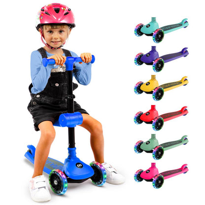 3-Wheel Kids Scooter, Foldable Seat, LED Wheels, Adjustable Handlebar, Blue