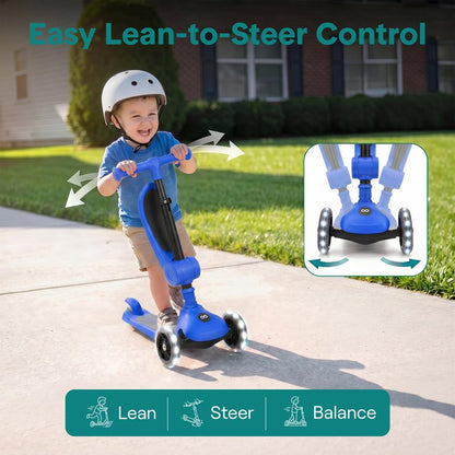 3-Wheel Foldable Kids Scooter - Child Toy Scooter With Built-In Led Wheel Lights, Foldable Seat, And Easy Maneuvering Lean-To-Steer Technology (Blue)