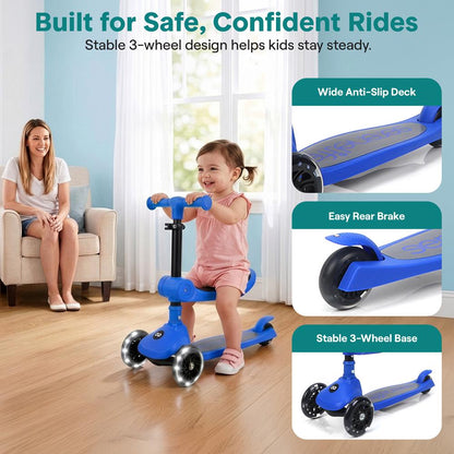3-Wheel Foldable Kids Scooter - Child Toy Scooter With Built-In Led Wheel Lights, Foldable Seat, And Easy Maneuvering Lean-To-Steer Technology (Blue)