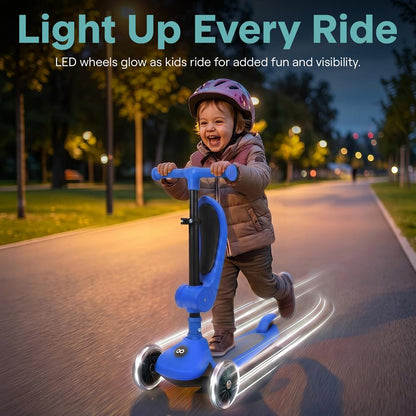 3-Wheel Foldable Kids Scooter - Child Toy Scooter With Built-In Led Wheel Lights, Foldable Seat, And Easy Maneuvering Lean-To-Steer Technology (Blue)