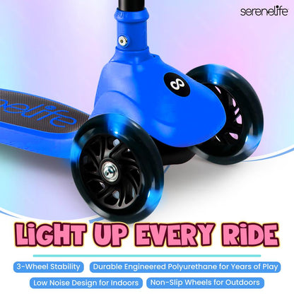 3-Wheel Kids Scooter, Foldable Seat, LED Wheels, Adjustable Handlebar, Blue