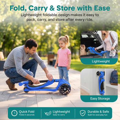 3-Wheel Foldable Kids Scooter - Child Toy Scooter With Built-In Led Wheel Lights, Foldable Seat, And Easy Maneuvering Lean-To-Steer Technology (Blue)