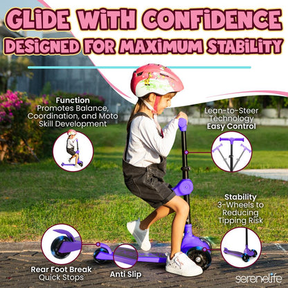 3-Wheel Kids Scooter, Foldable Seat, LED Wheels, Adjustable Handlebar, Purple