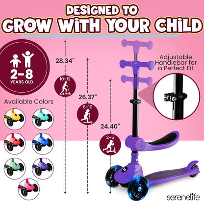 3-Wheel Kids Scooter, Foldable Seat, LED Wheels, Adjustable Handlebar, Purple